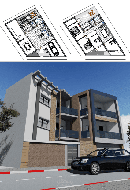 تصميم سكن عائلي بطابقين على قطعة أرض شبه محددة الشكل بمساحة 168 م² – توزيع عملي وجمالي للفضاءات