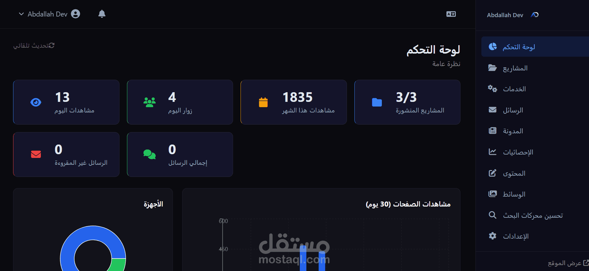 تطوير لوحة تحكم (Dashboard) متكاملة لإدارة المحتوى والإحصائيات