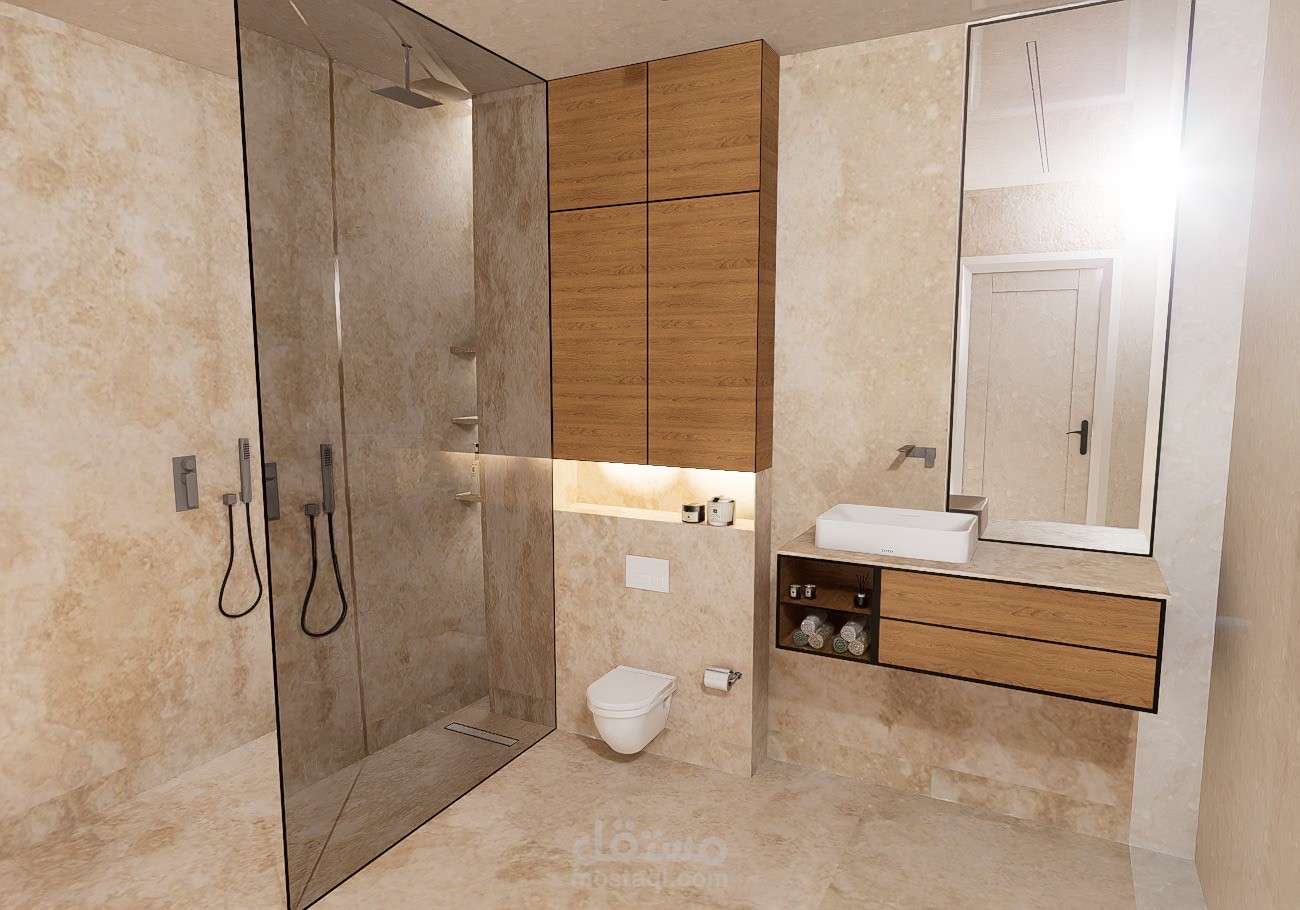 حمّام عصري بتصميم دافئ وعملي
