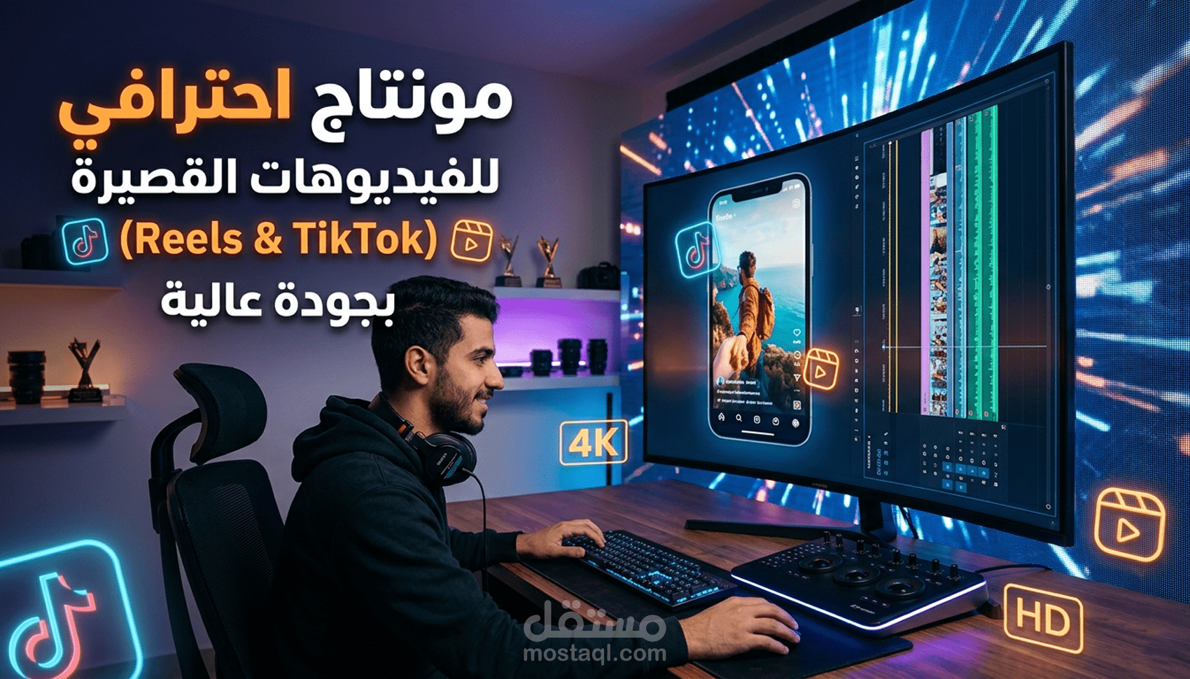 مونتاج احترافي للفيديوهات القصيرة (Reels & TikTok) بجودة عالية