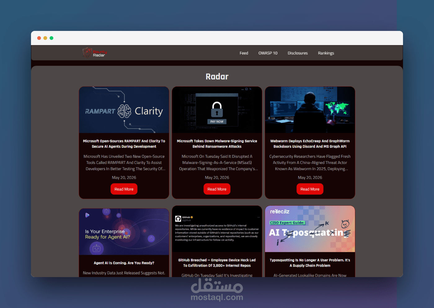 تطوير واجهة منصة BountyRadar لتتبع الثغرات الأمنية وتصنيفات الهاكرز