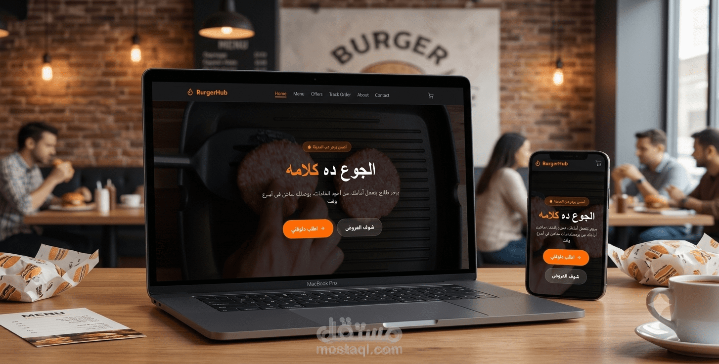 تصميم وتطوير موقع متكامل لمطعم برجر (طلبات أونلاين + لوحة تحكم)