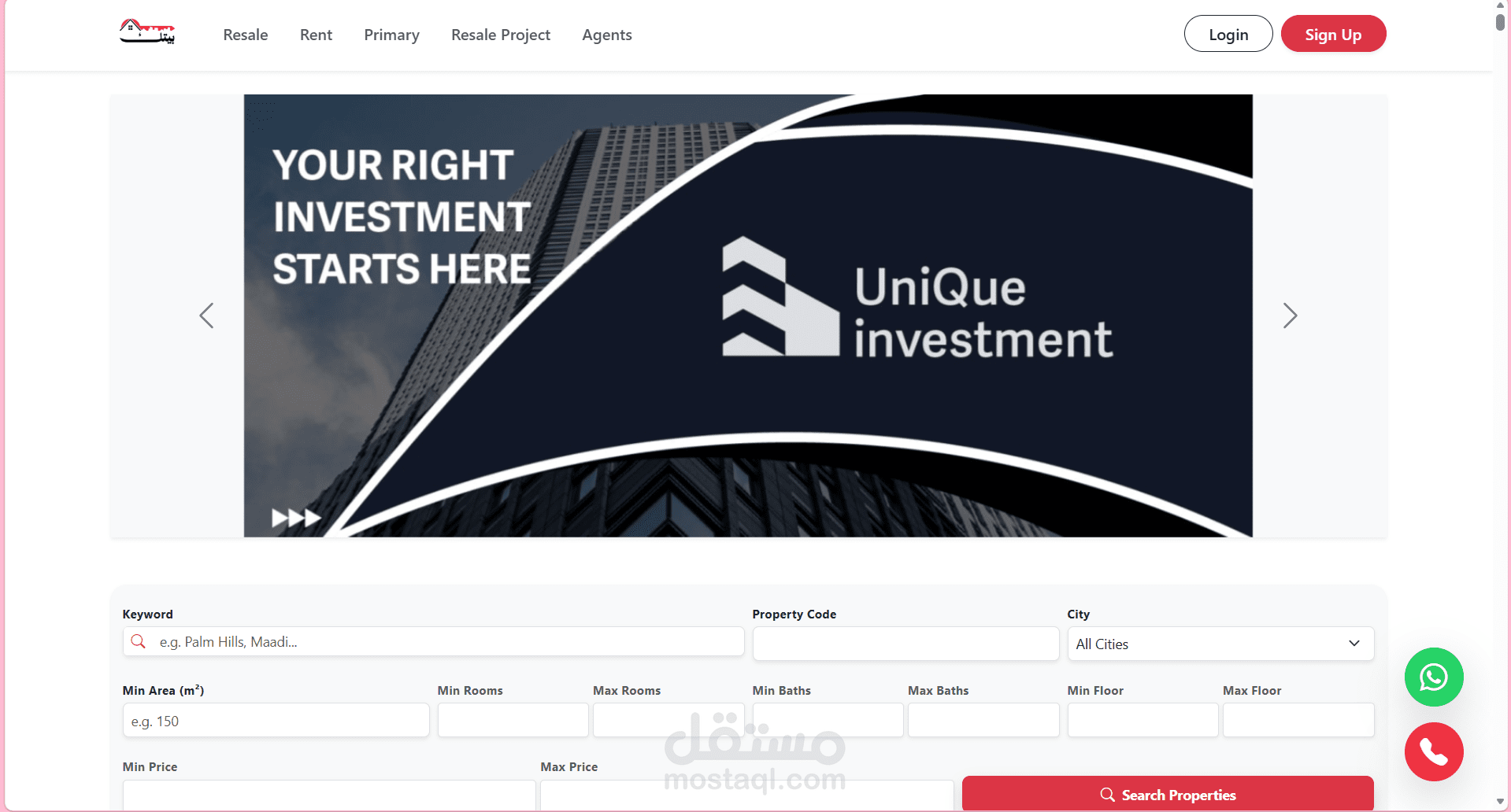 موقع بيتك تابع لشركة UniQueX العقارية يعرض العقارات المتاحة لدى الشركة وتفاصيلها وصفحة لل broker وصفحة لل client وصفحة Admin