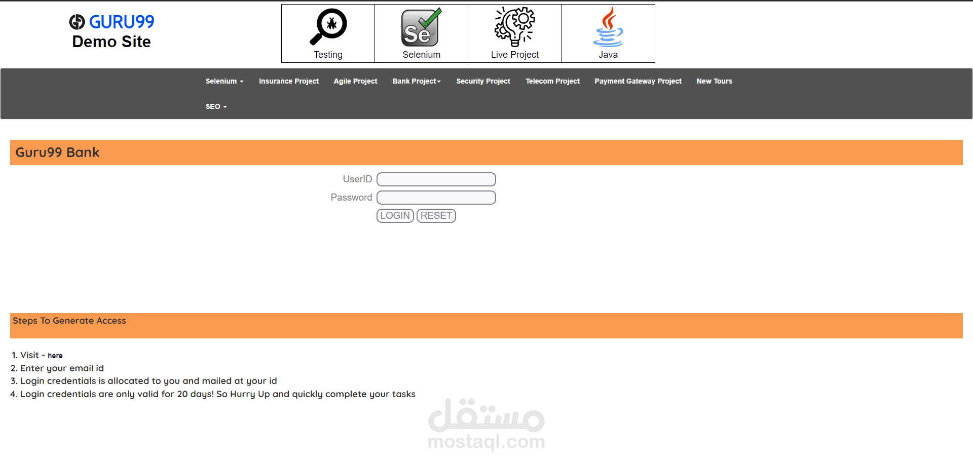 Guru99 Bank Manual Testing