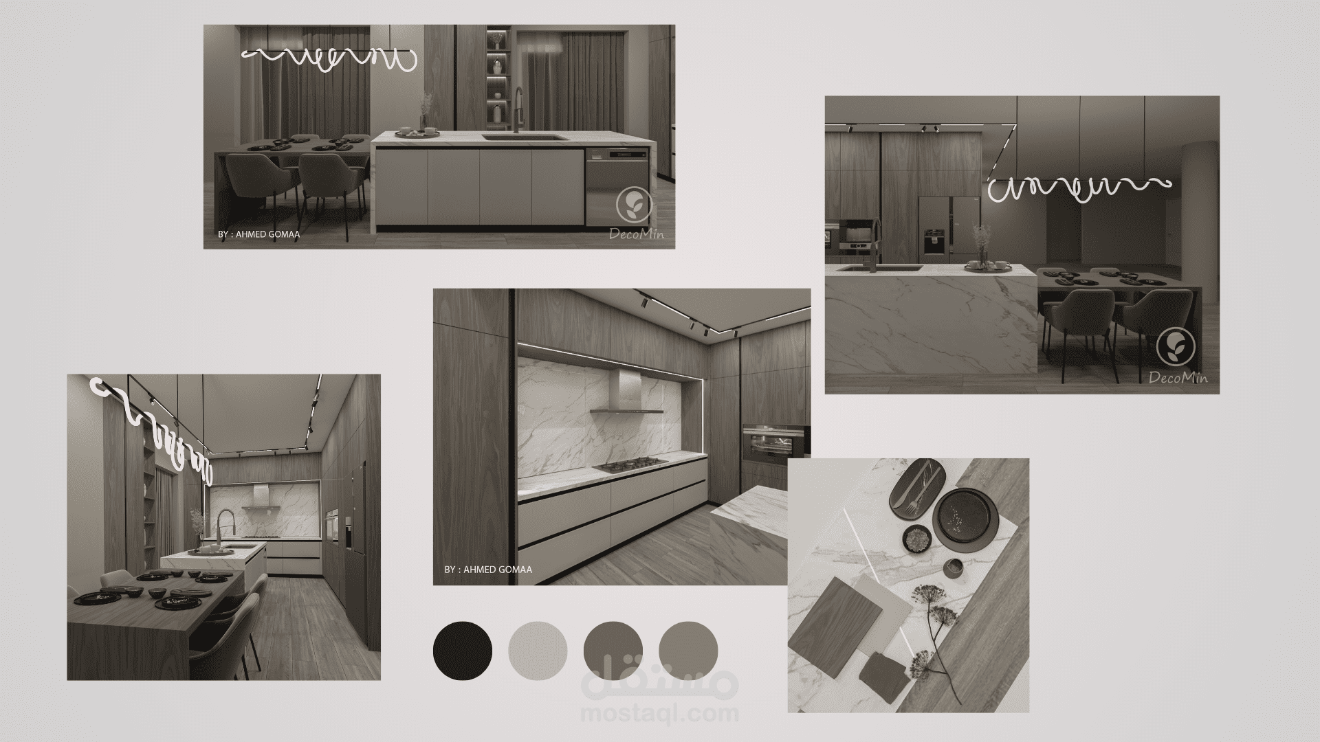 "Harnessing Sunlight and Smart Lighting: Details of an Open Kitchen Design that Reflects Natural Beauty and Modern Technology."