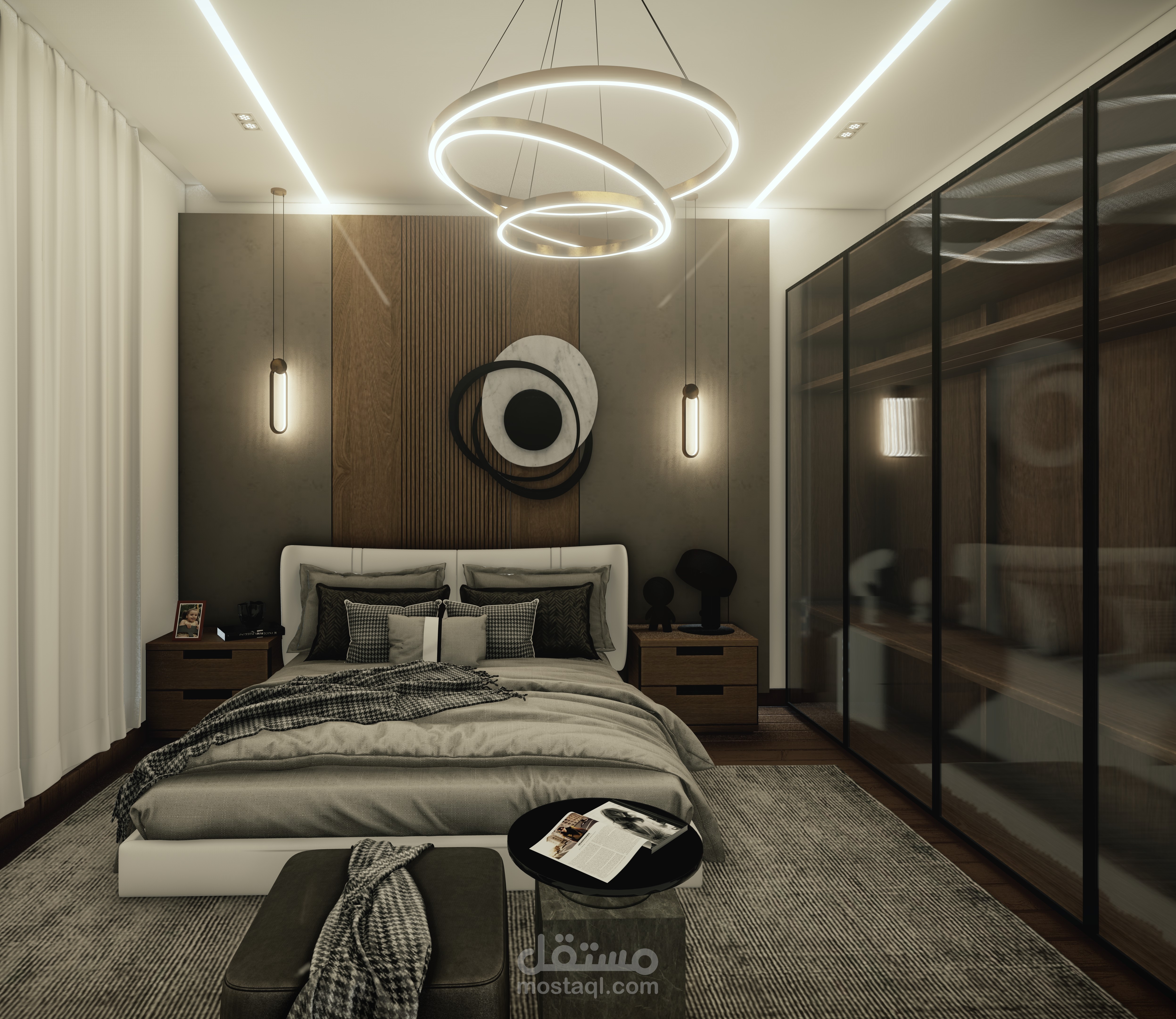 غرفة النوم الرئيسية مايميز هدا التصميم توزيع الاضاءه والاثات الدي يشعرك ب الراحه التامه بعد يوم طويل