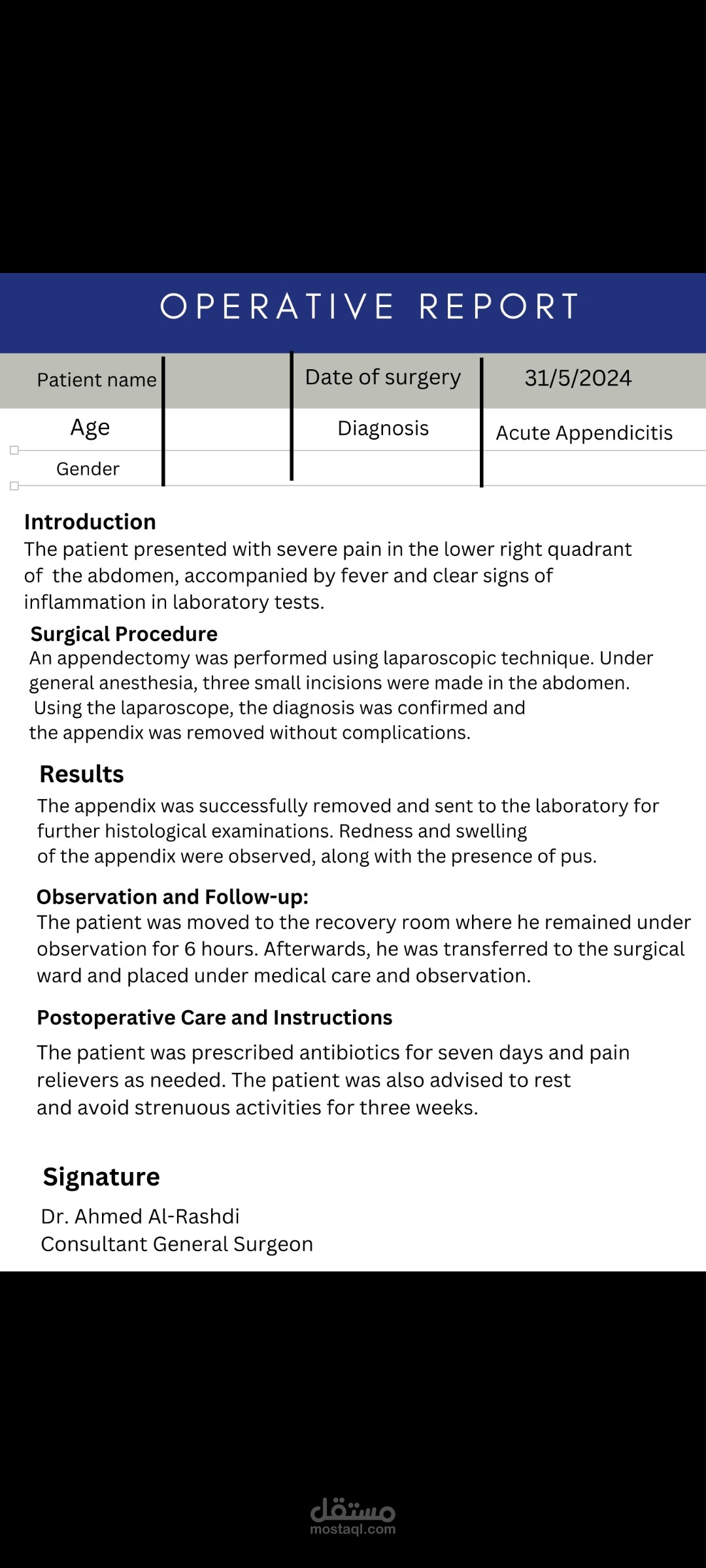 Arabic into English translation of a surgical report