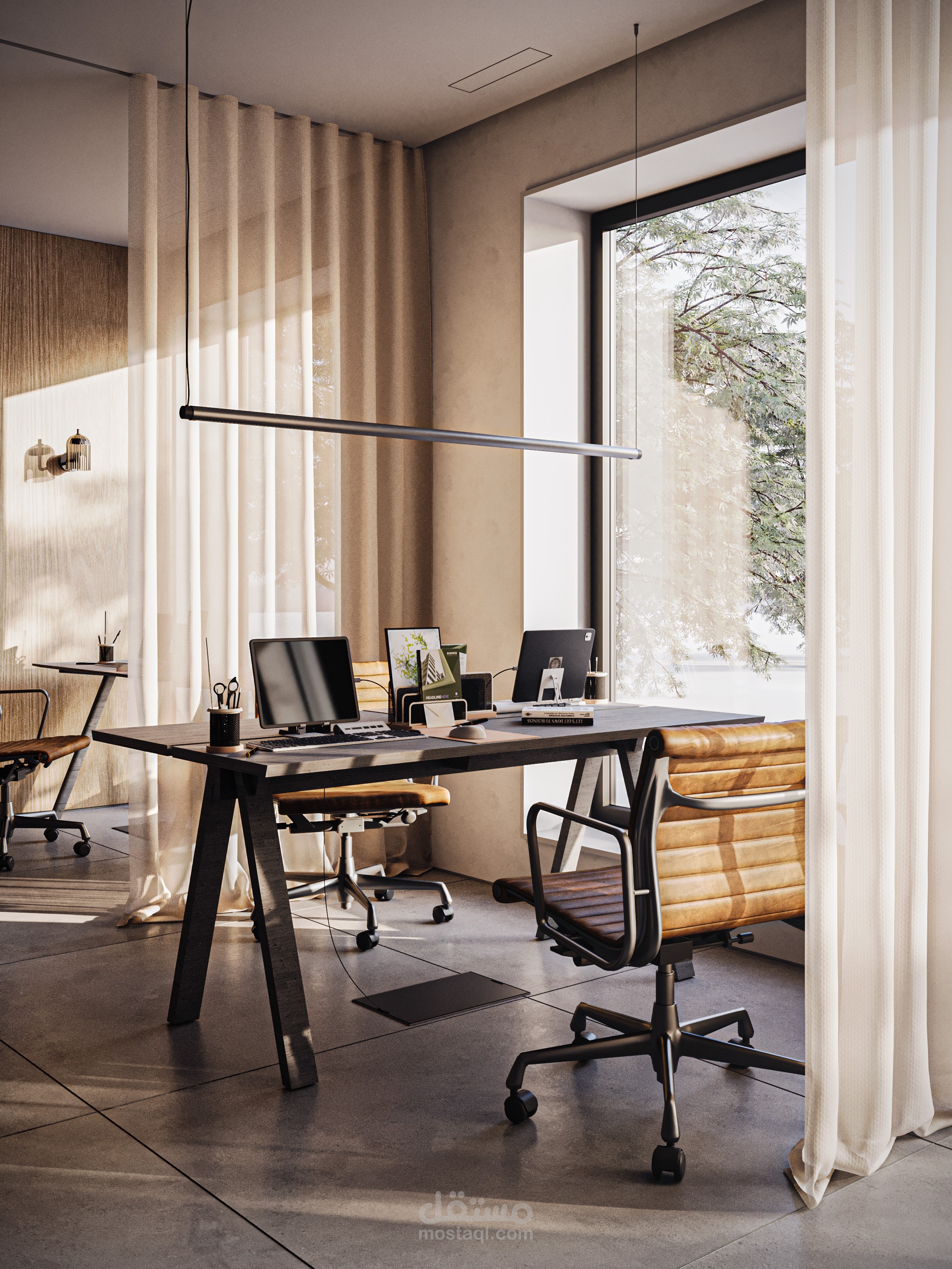 تصميم داخلي ورندر عالي الجودة  لمساحة عمل مكتبية