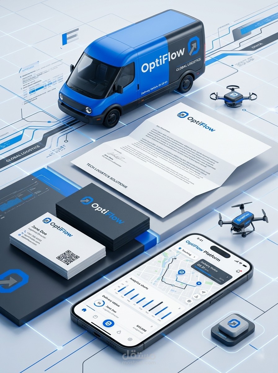 تصميم الهوية البصرية وتطبيق منصة "OptiFlow" للخدمات اللوجستية الذكية