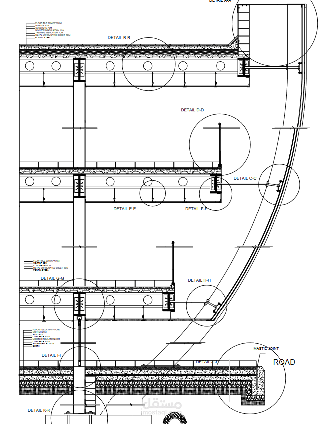رسومات تفصيلية لواجهة مبنى زجاجية
