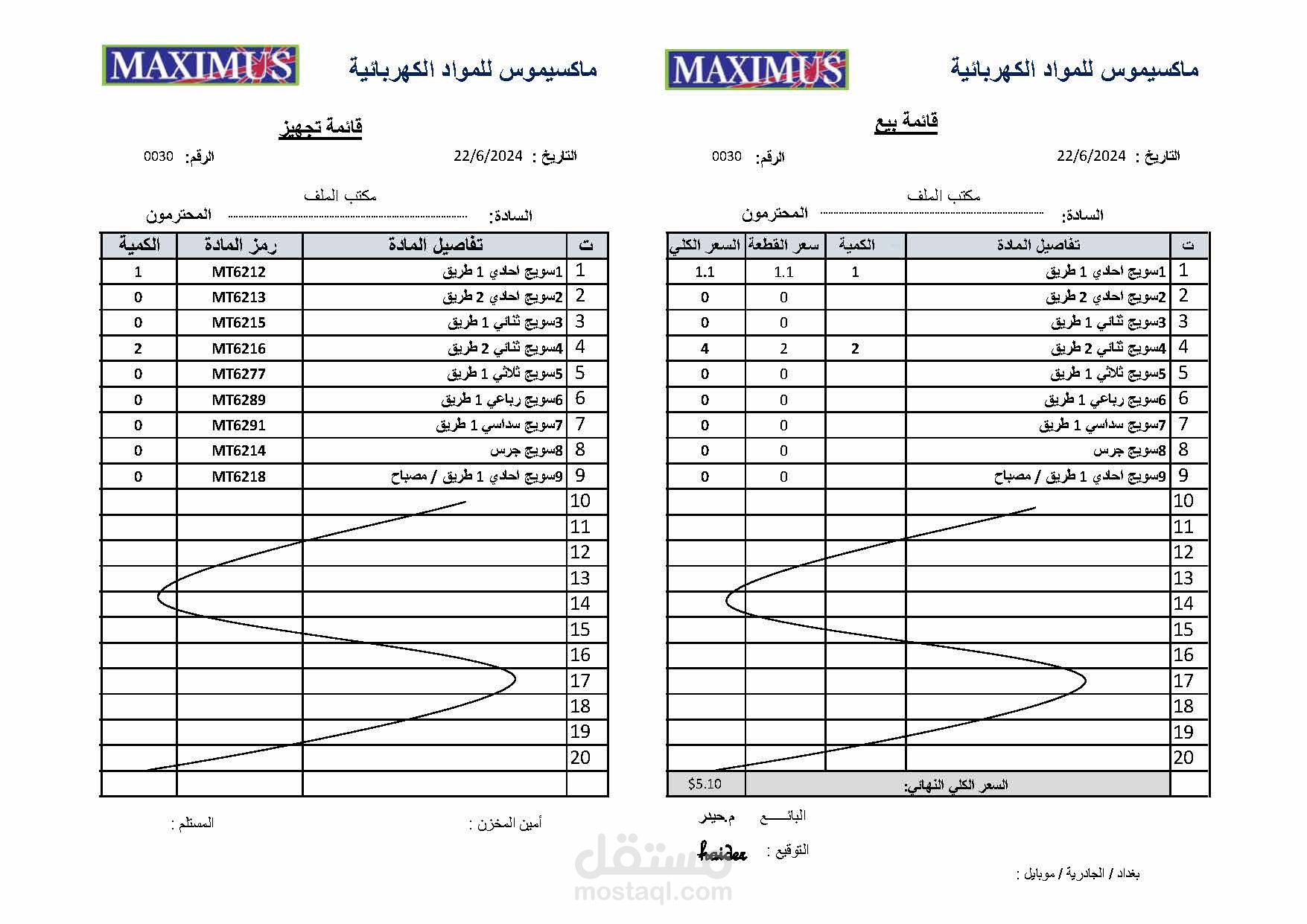 تنفيذ قائمة بيع وتجهيز لمعرض ومخزن لمواد كهربائية على الاكسل