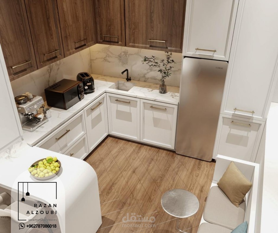 تصميم داخلي لمطبخ صغير ومفتوح من ضمن منزل في الكويت