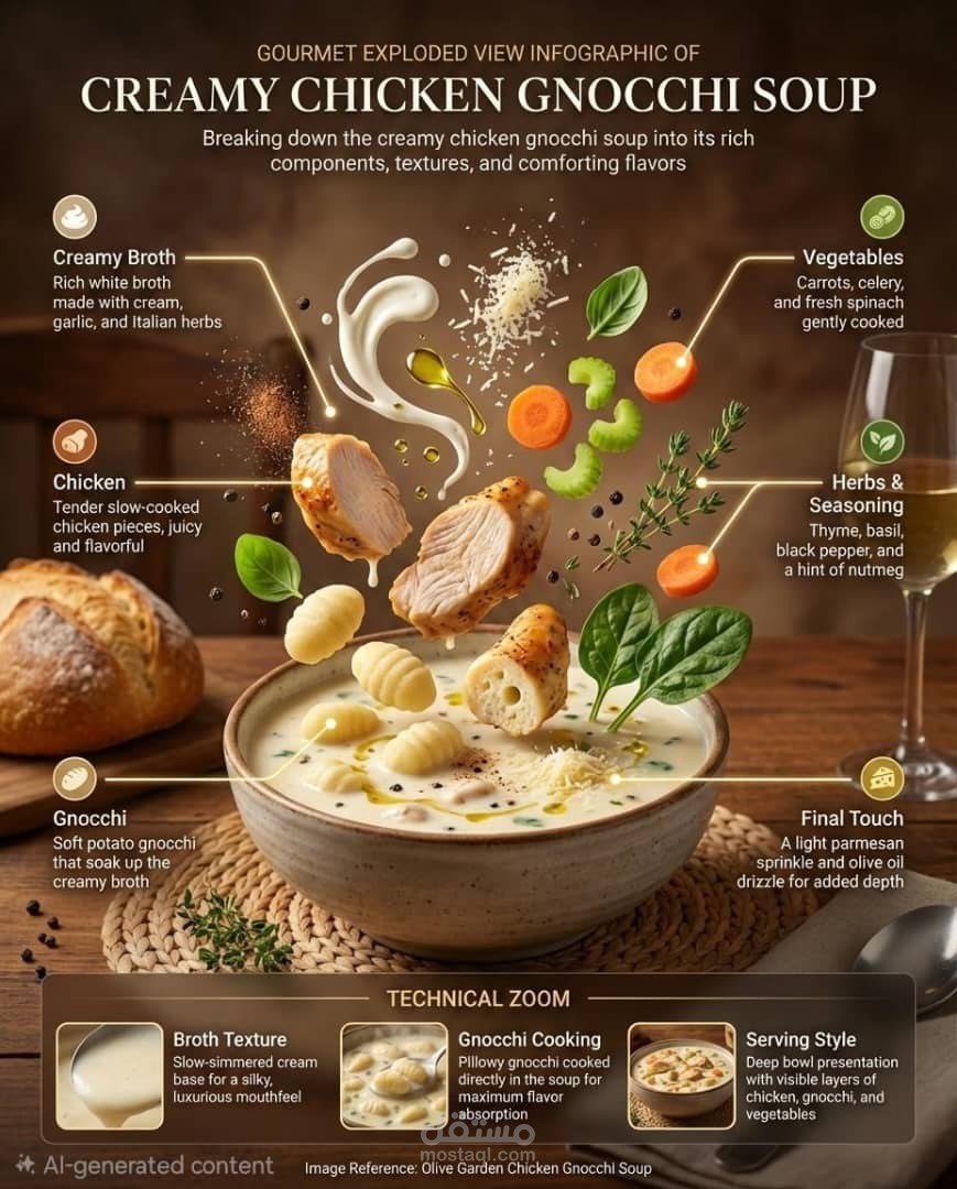 تصميم إنفوجرافيك إبداعي لطبق Creamy Chicken Gnocchi Soup (Exploded View)