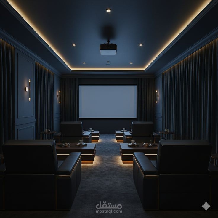 تصميم داخلي سينمائي لغرفة عرض منزلية فاخرة (Home Theater Design)