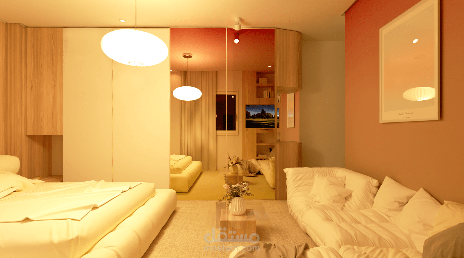 تصميم غرفة نوم مودرن بطابع مستقبلي، Customized بالكامل حسب احتياجات العميل وأسلوب حياته. يعتمد على خطوط بسيطة، إضاءة مخفية، وحلول تخزين ذكية لتحقيق أقصى استفادة من المساحة مع الحفاظ على شكل عصري وأنيق يعكس شخصية العميل.