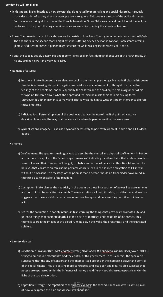 Symbolism, Themes and Literary device in poem "London" by William Blake.