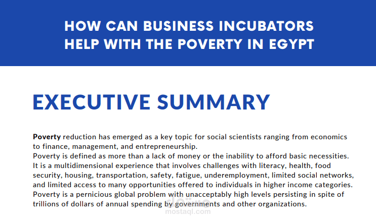 بحث تفصيلي عن كيف يمكن لحاضنات الأعمال تساعد في مكافحة الفقر في مصر باللغة الانجليزية