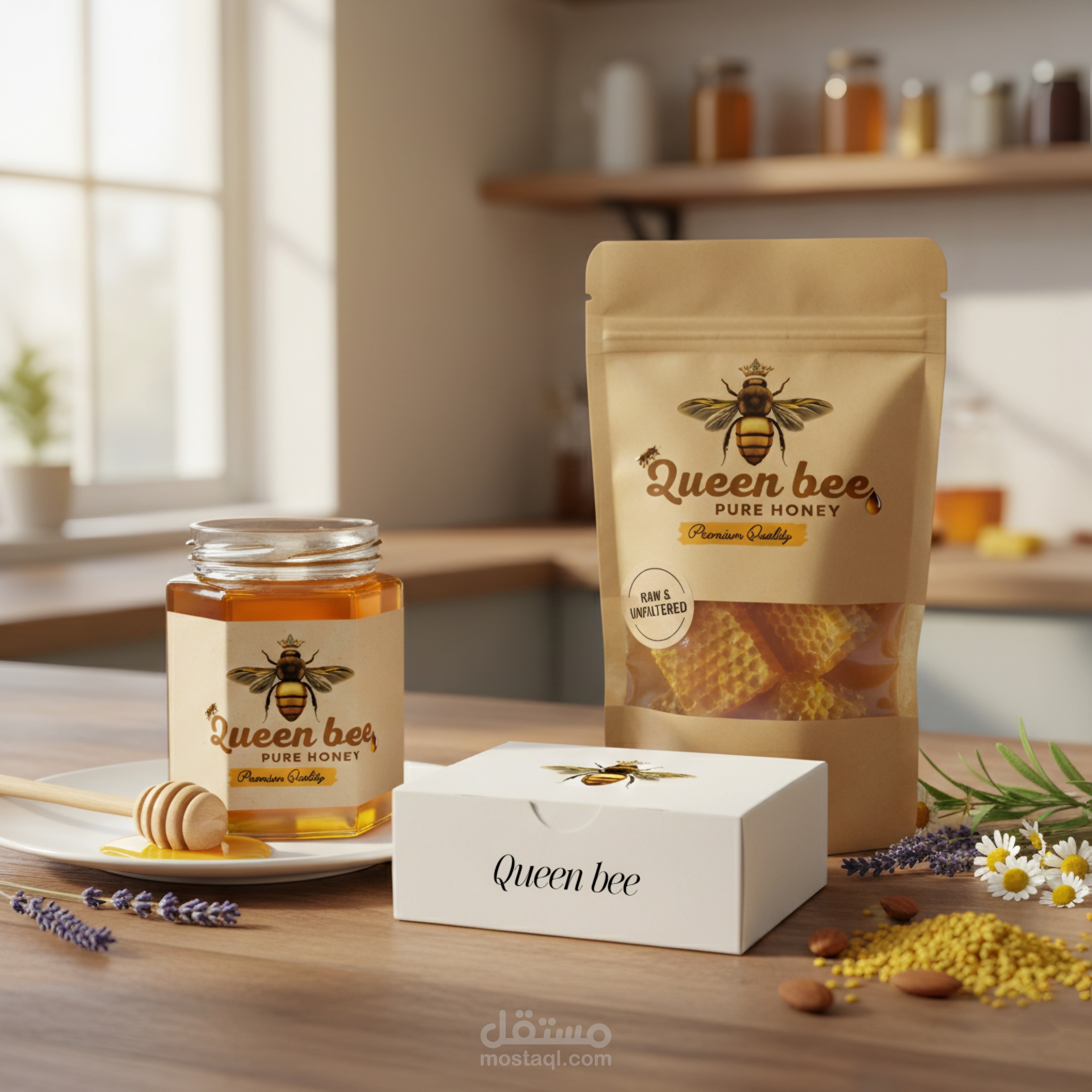 تصميم هوية بصرية متكاملة وتغليف منتجات (Queen Bee Honey)