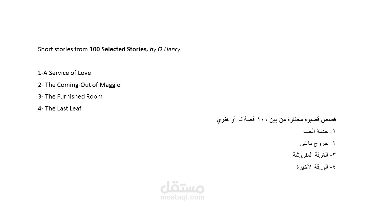 قصص مختارة من بين 100 قصة قصيرة باللغة الإنكليزية للكاتب الكندي O  Henry