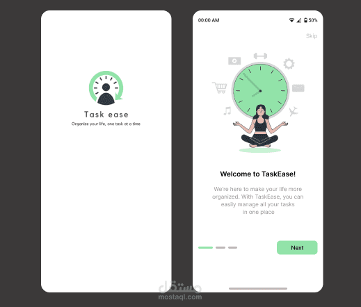 تصميم واجهات تطبيق Task Ease: Onboarding، تسجيل دخول، واختيار الخطة