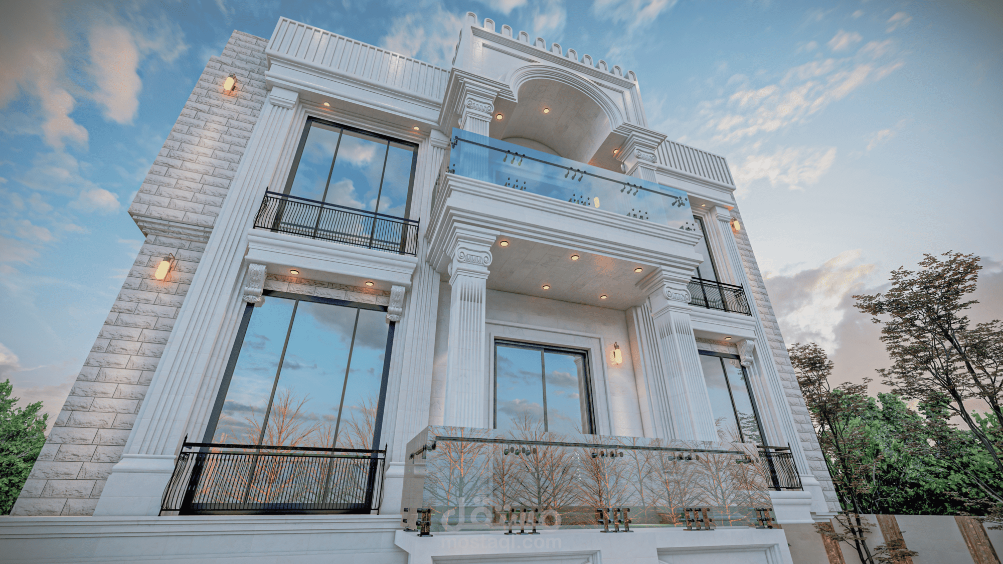 تصميم فيلا سكنية كلاسيكية فاخرة – واجهة معمارية مع ريندر واقعي عالي الجودة Luxury Classical Residential Villa – Architectural Facade Design & Realistic Render