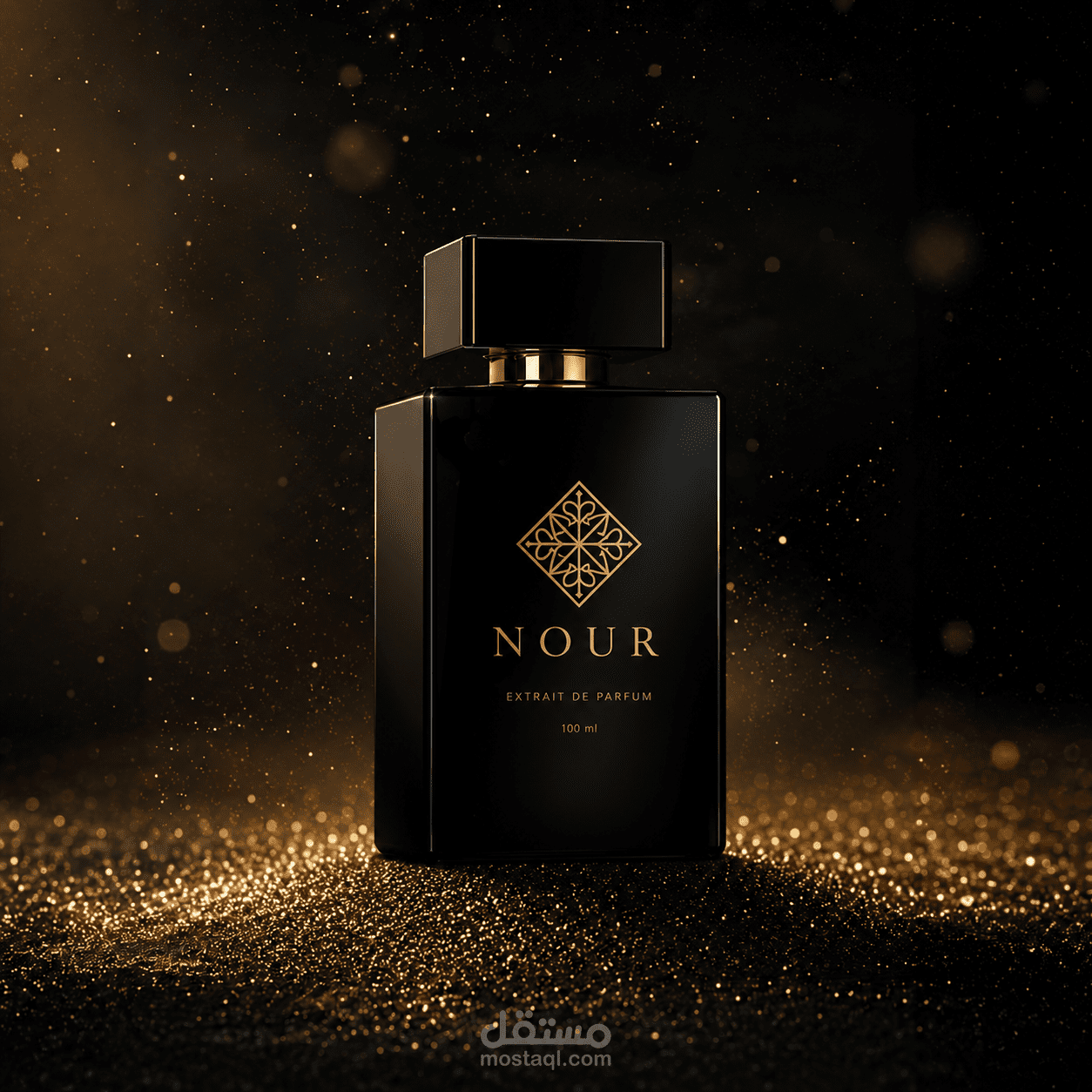 تصميم بوستر إعلاني سينمائي لزجاجة عطر فاخرة