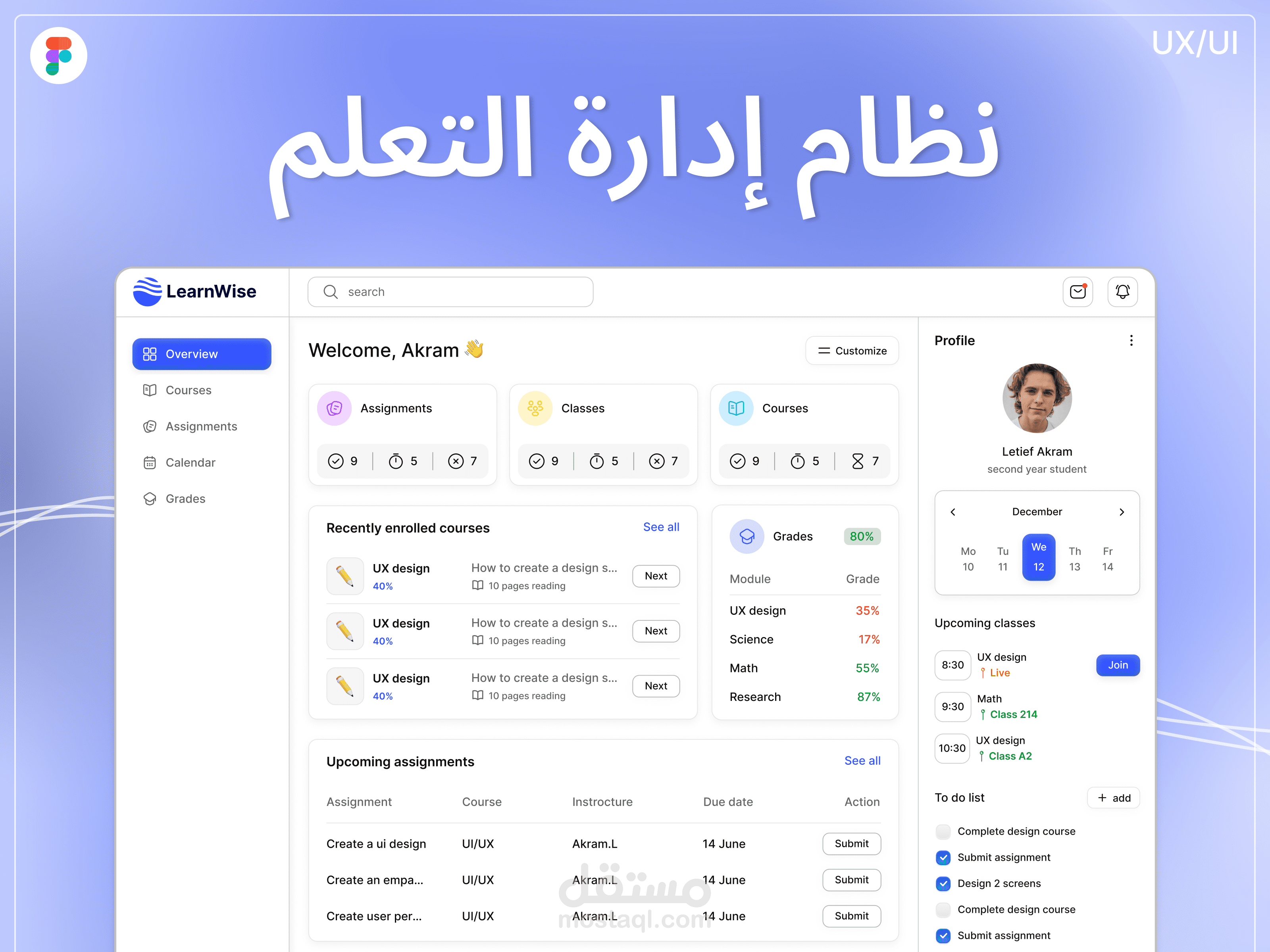 تصميم لوحة تحكم لإدارة التعلم و الكورسات