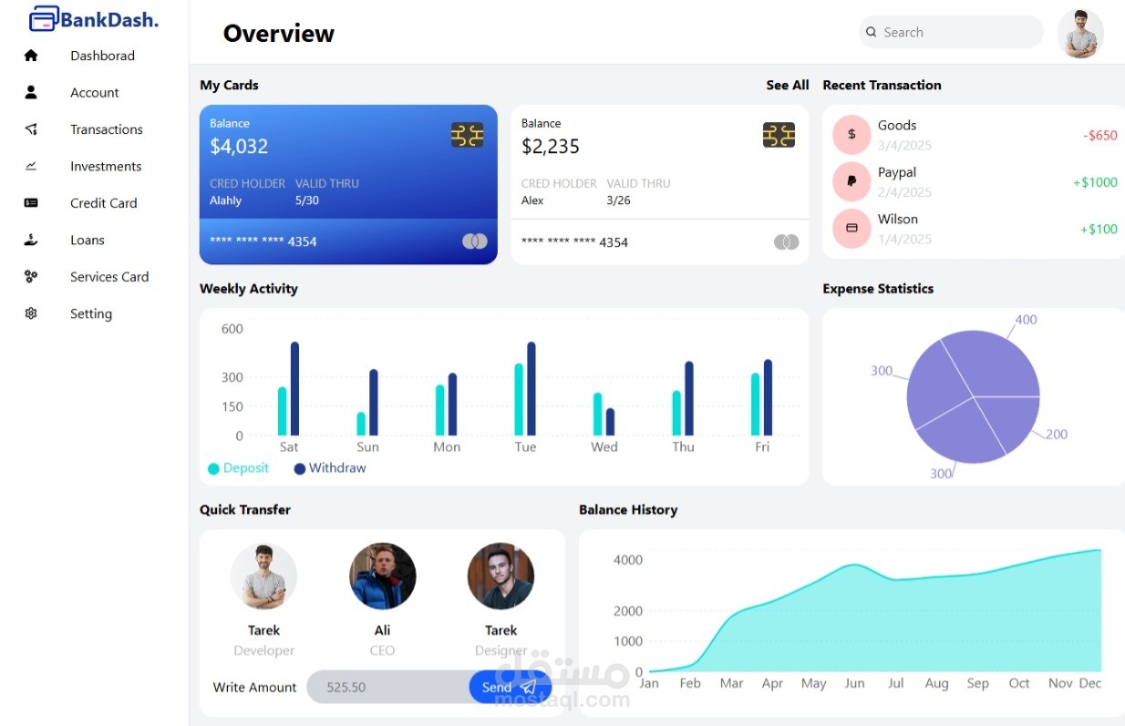 Dashboard حساب بنكي