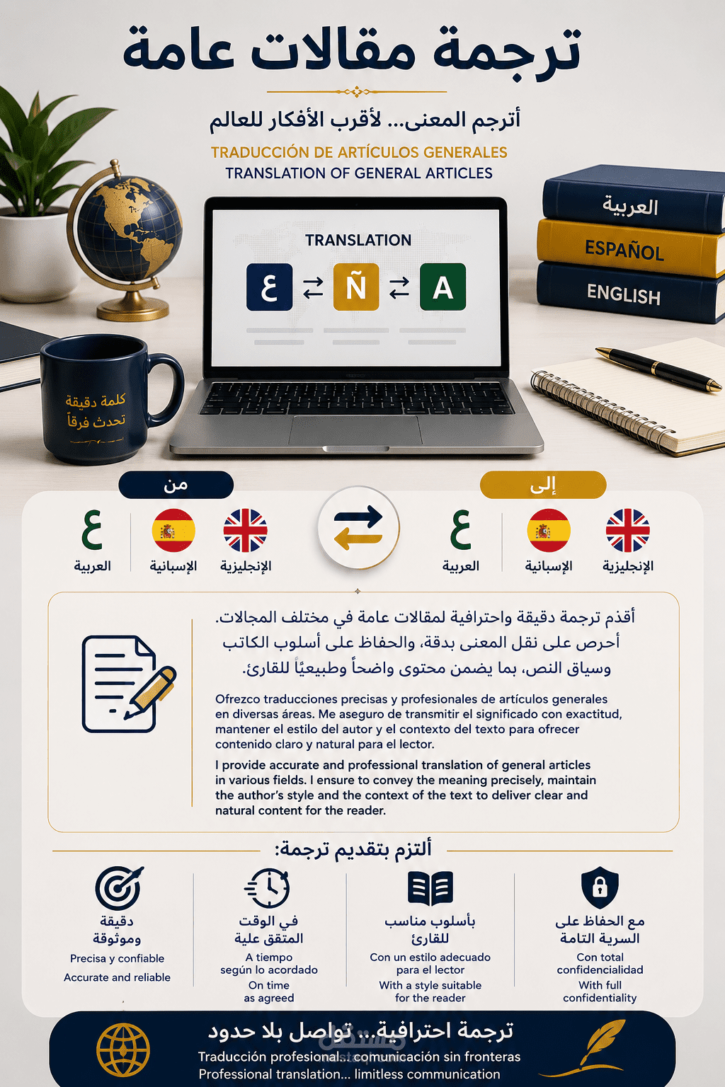 ترجمة مقالات عامة بثلاث لغات: العربية، الإنجليزية، الإسبانية