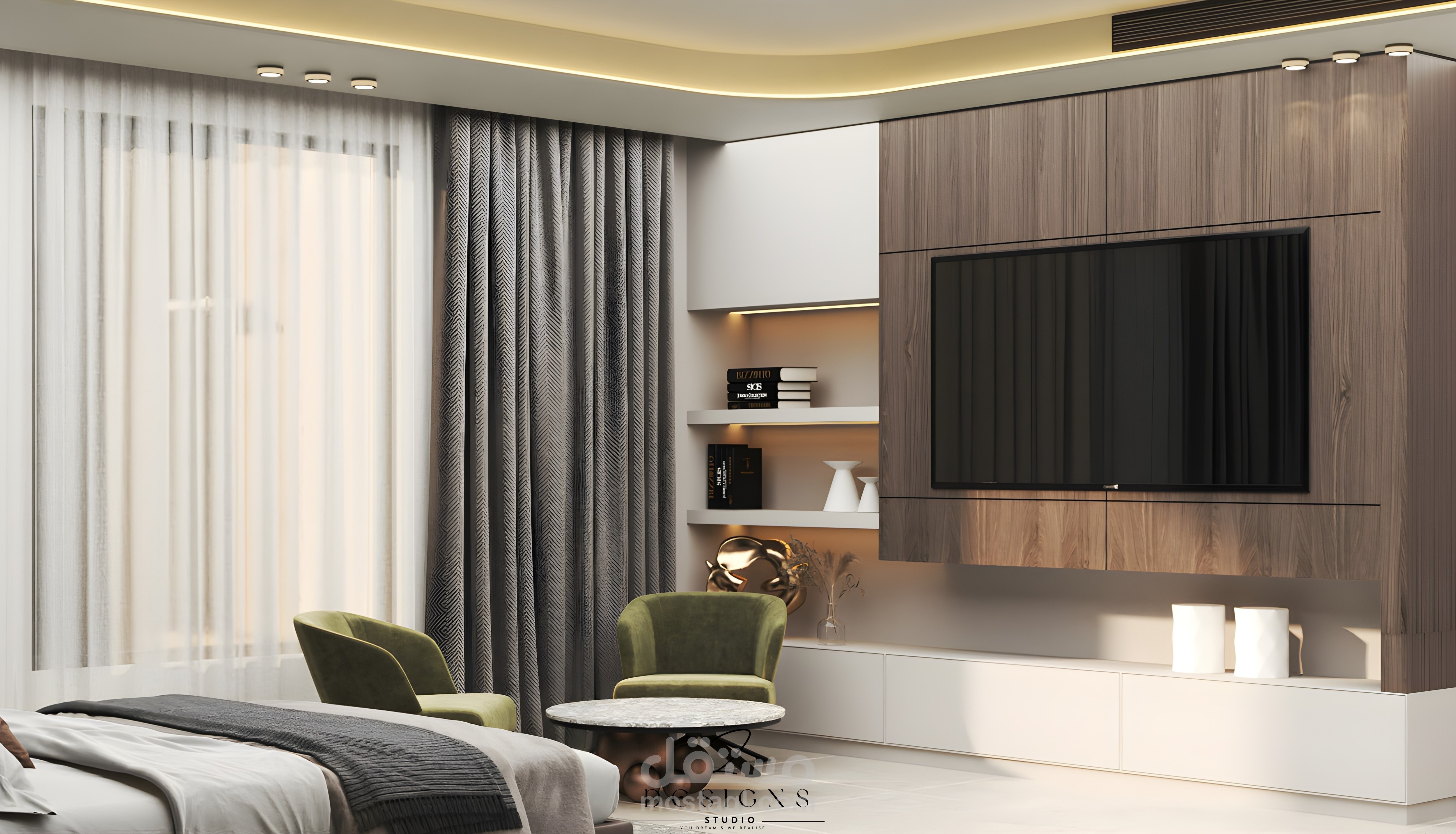 تصميم فاخر لغرفة نوم رئيسية بلمسات عصرية