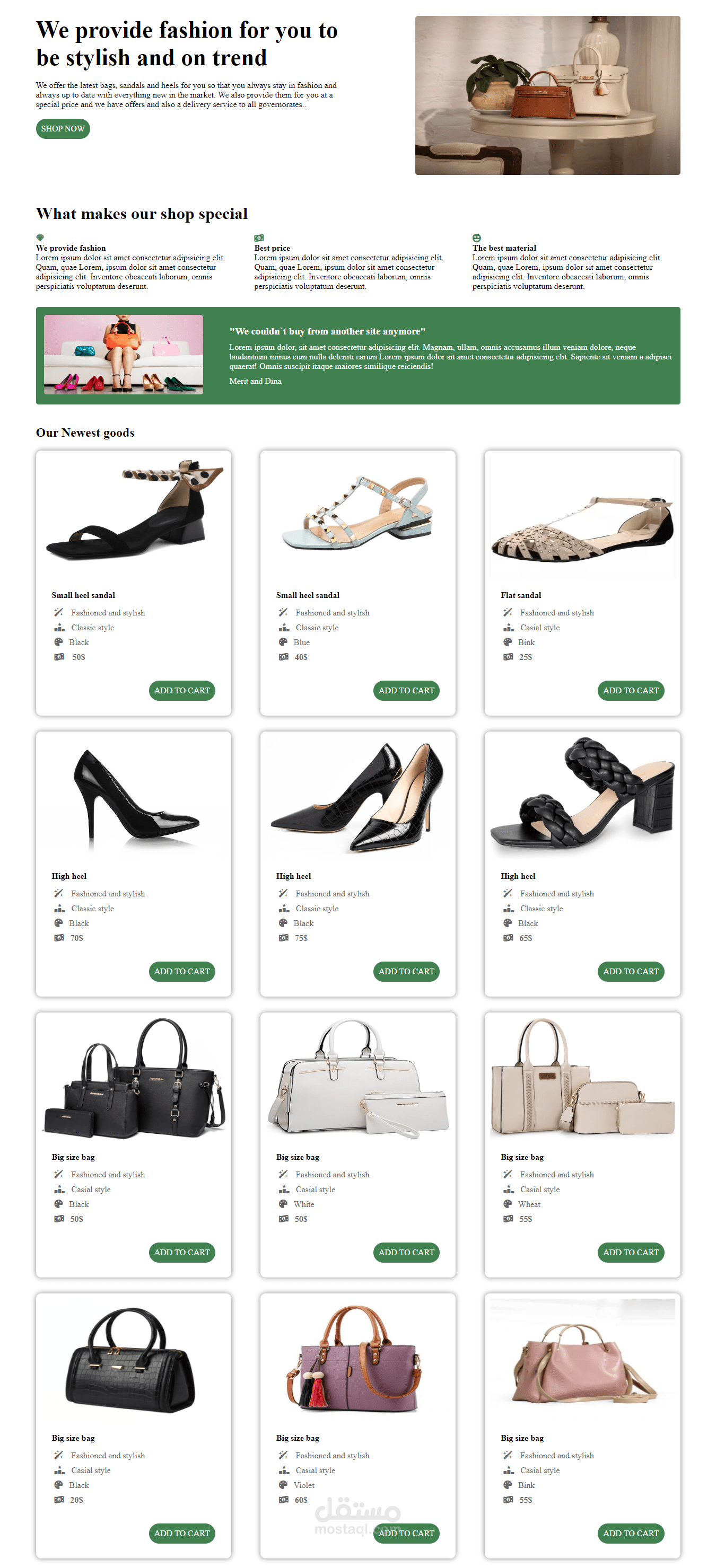 Landing page for online store