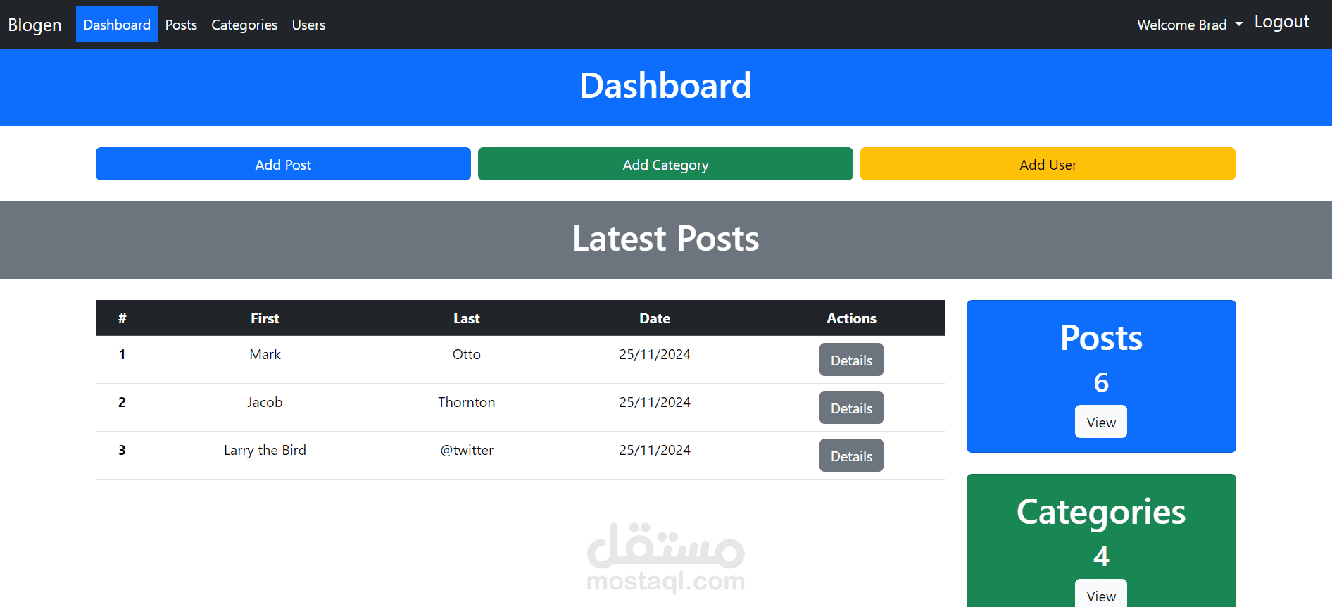 تصميم Dashboard بسيطة ل posts  باستخدام bootstrap
