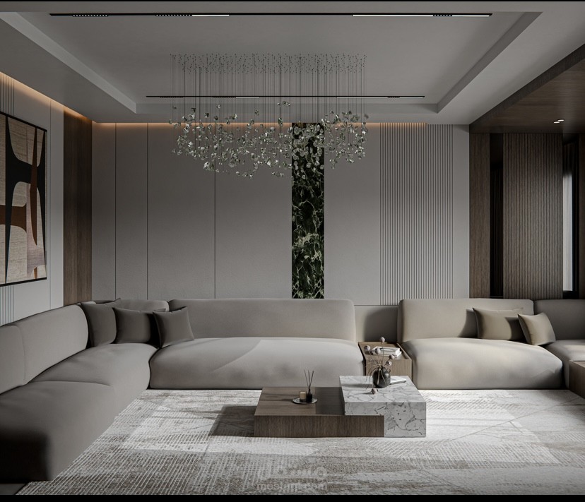 تصميم داخلي مودرن راقٍ لغرفة معيشة – رندر واقعي بجودة عالية