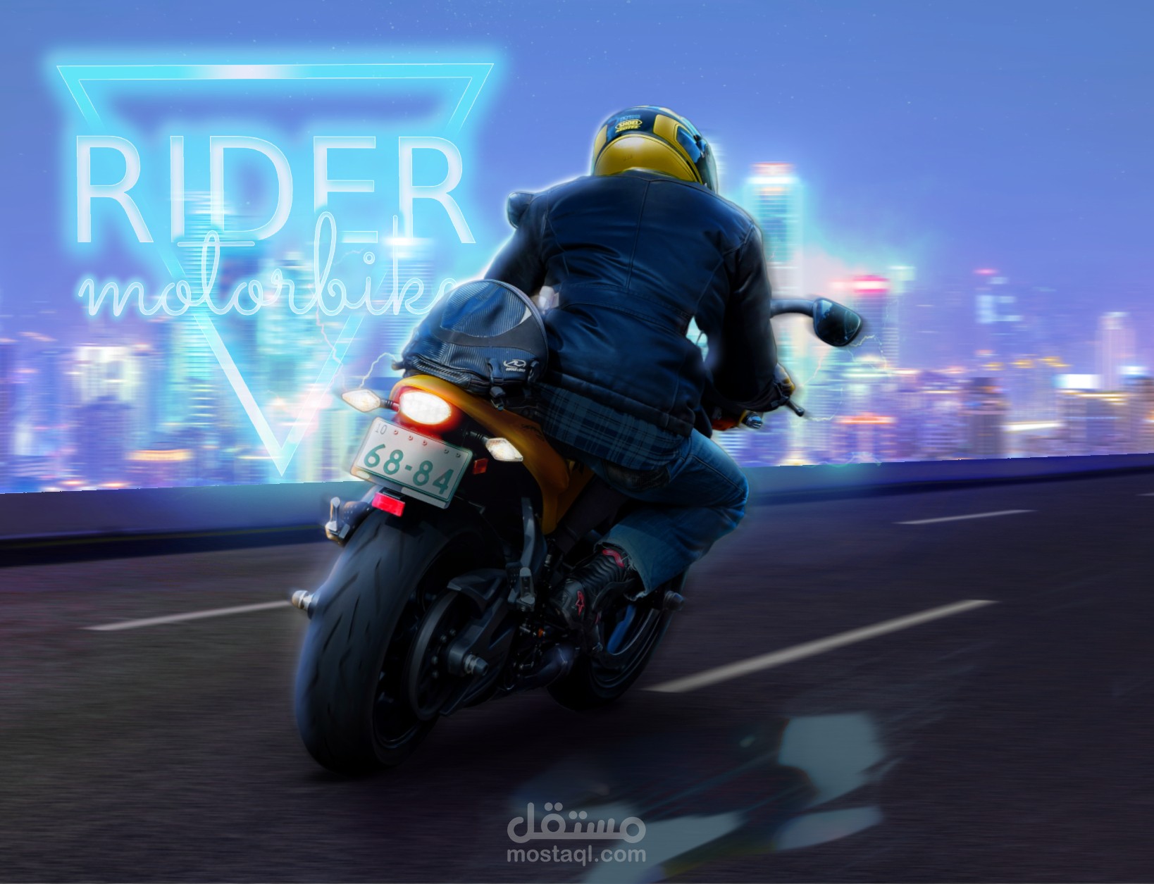 تصميم دمج لسائق دراجة مع الطريق و خلفية المدينة