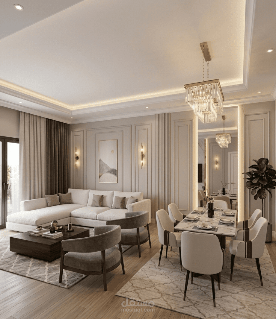 تصميم داخلي لغرفة معيشة وطعام بنمط نيوكلاسيك مودرن فاخر