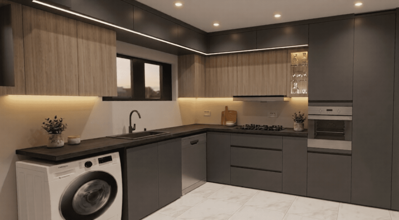 تصميم مطبخ مودرن معاصر بحلول تخزينية متكاملة
