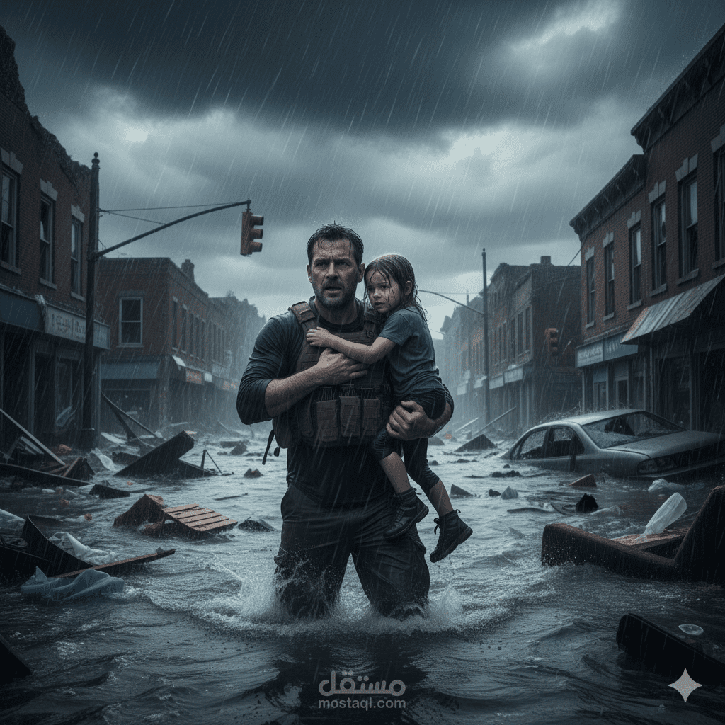 فديو بالذكاء الاصطناعي عن أب يحاول إنقاذ طفلتة من فيضان يعم المدينة