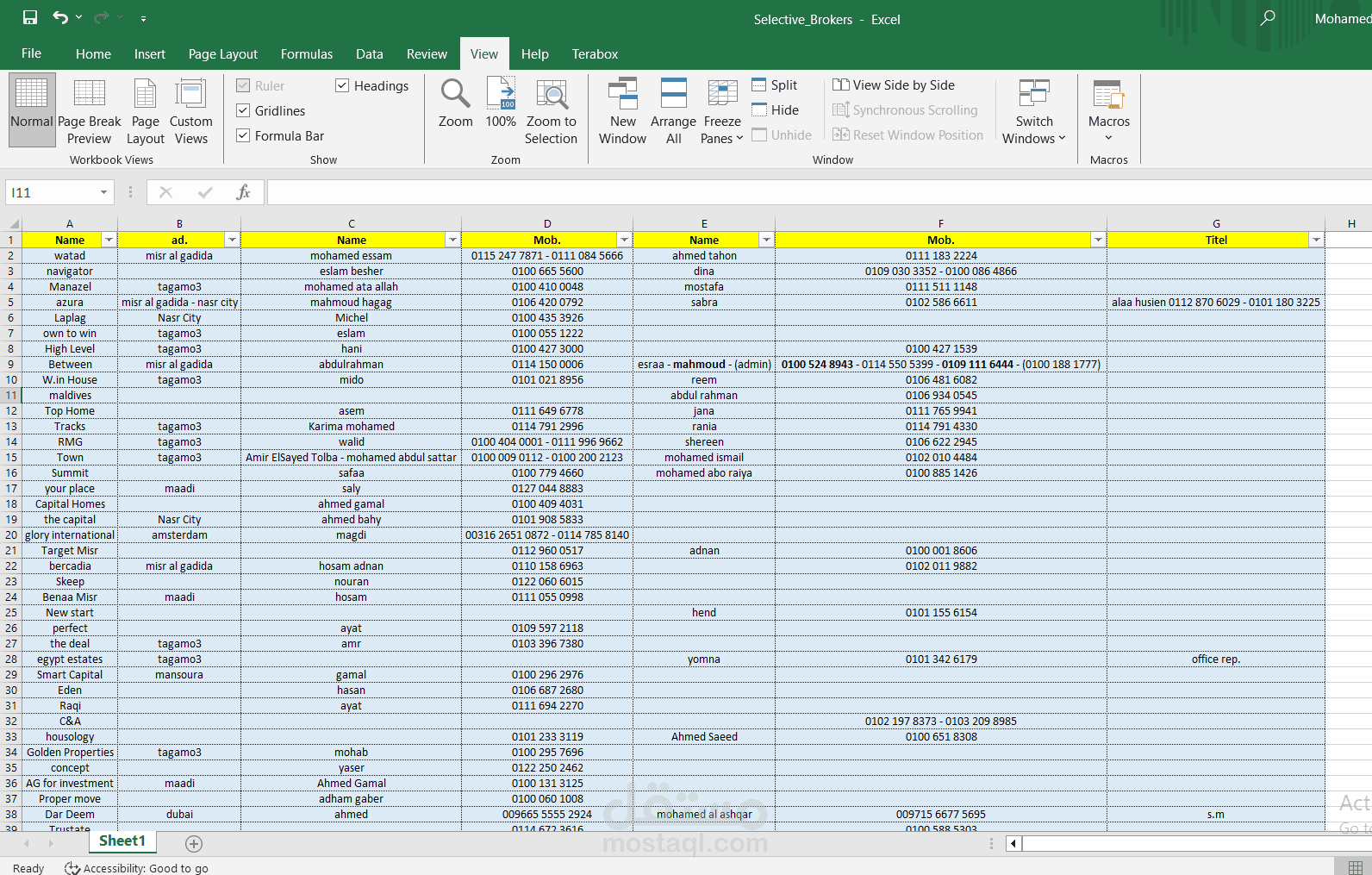Excel sheet لتجميع بينات شركات تسويق عقاري لصالح شركة تطوير عقاري