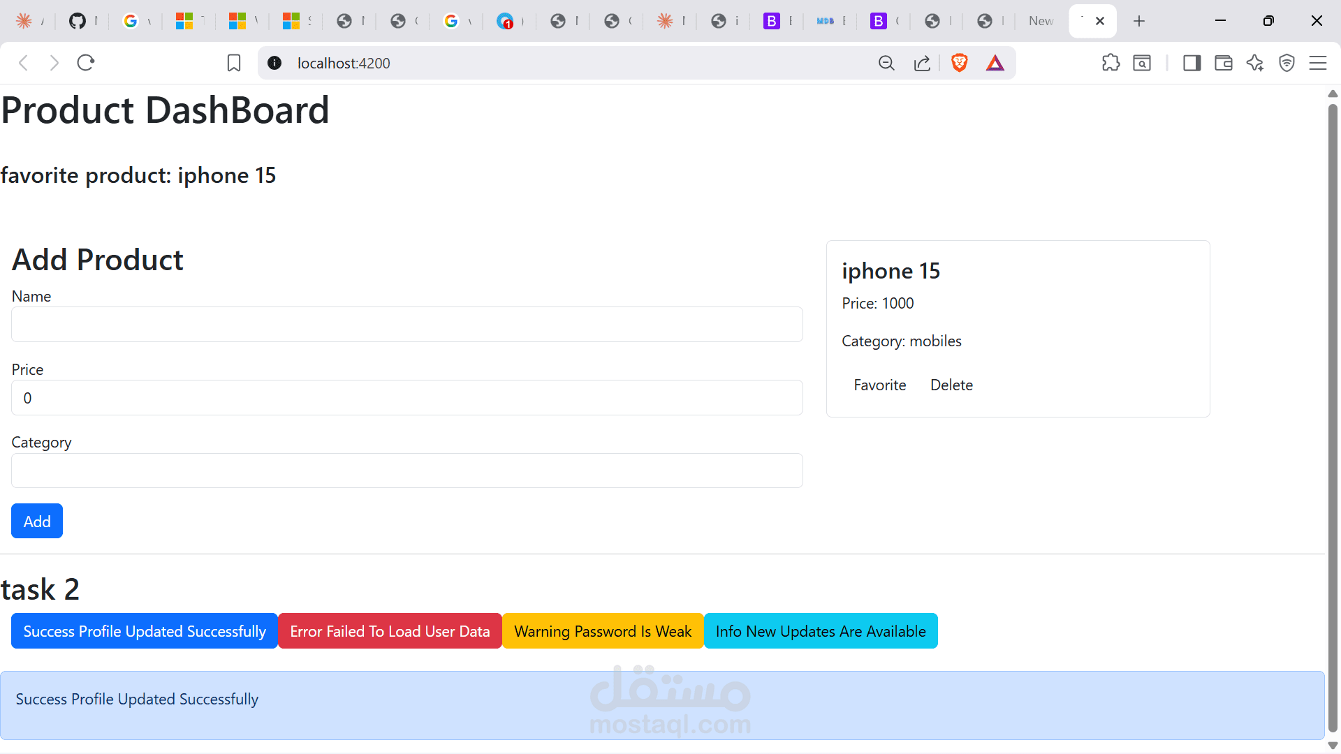 simple dashboard task to add products with angular