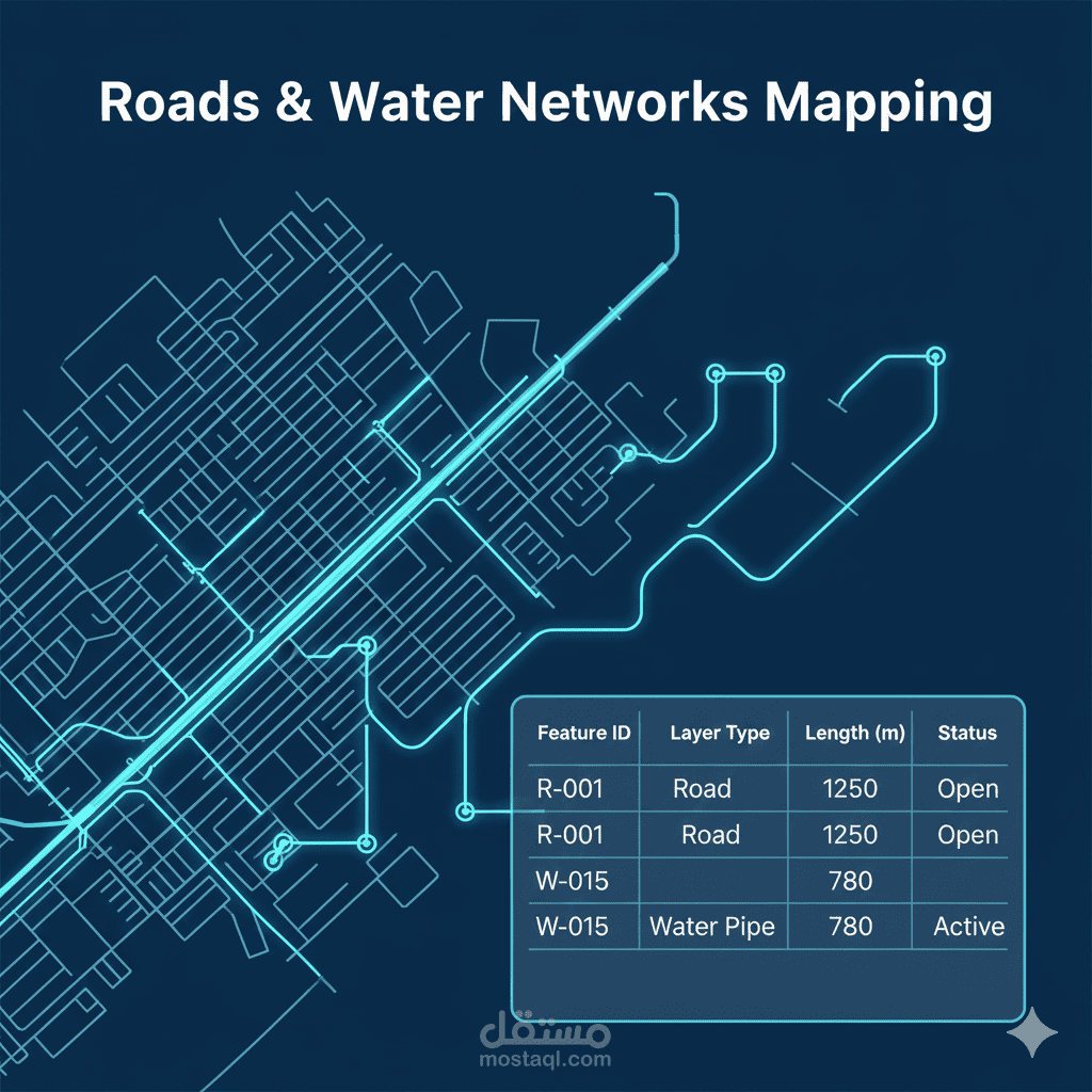 إعداد ورسم شبكات الطرق والمياه مع بناء قاعدة بيانات مكانية دقيقة