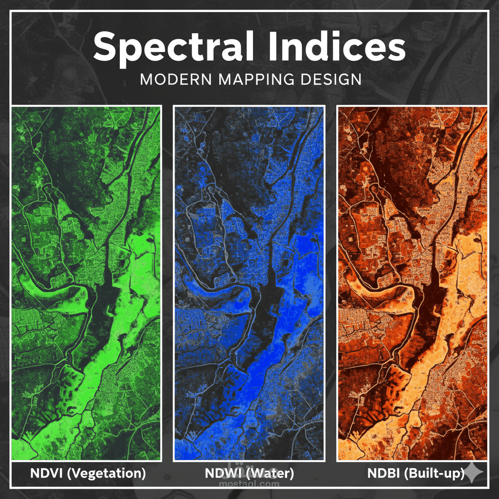 استخراج مؤشرات النمو النباتي والمياه والعمران باستخدام صور الأقمار الصناعية