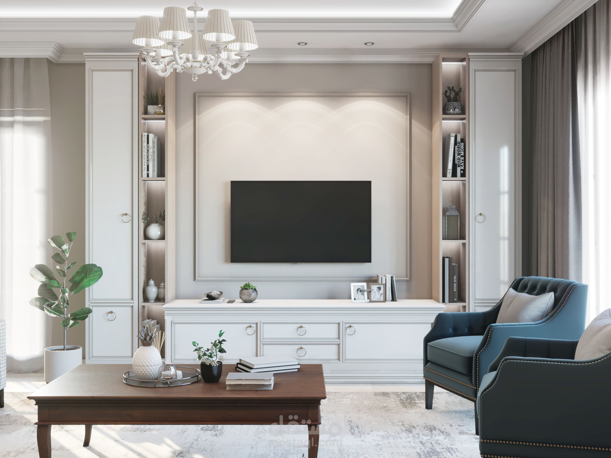تصميم صالة استقبال ضيوف و غرفة طعام بتصميم معاصر ثلاثي الابعاد