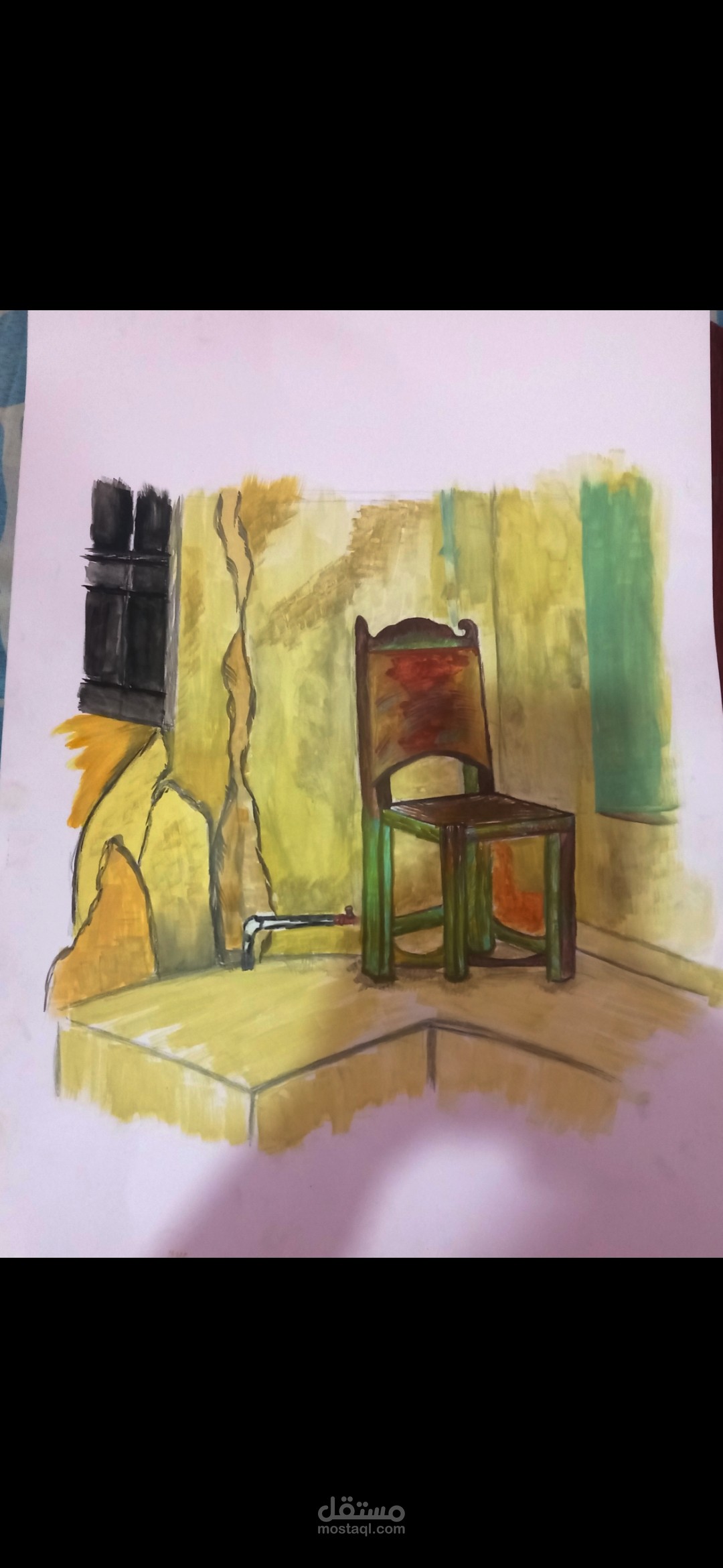 رسم يدوي بألوان الجواش لكرسي قديم