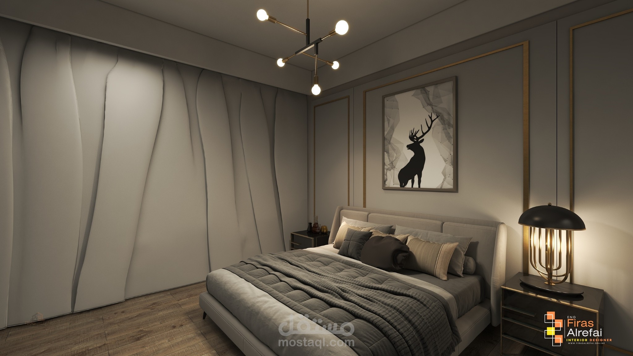 تصميم داخلي لمنزل مكون من غرفة نوم وصالة ومطبخ وحمام وغرفة غسيل