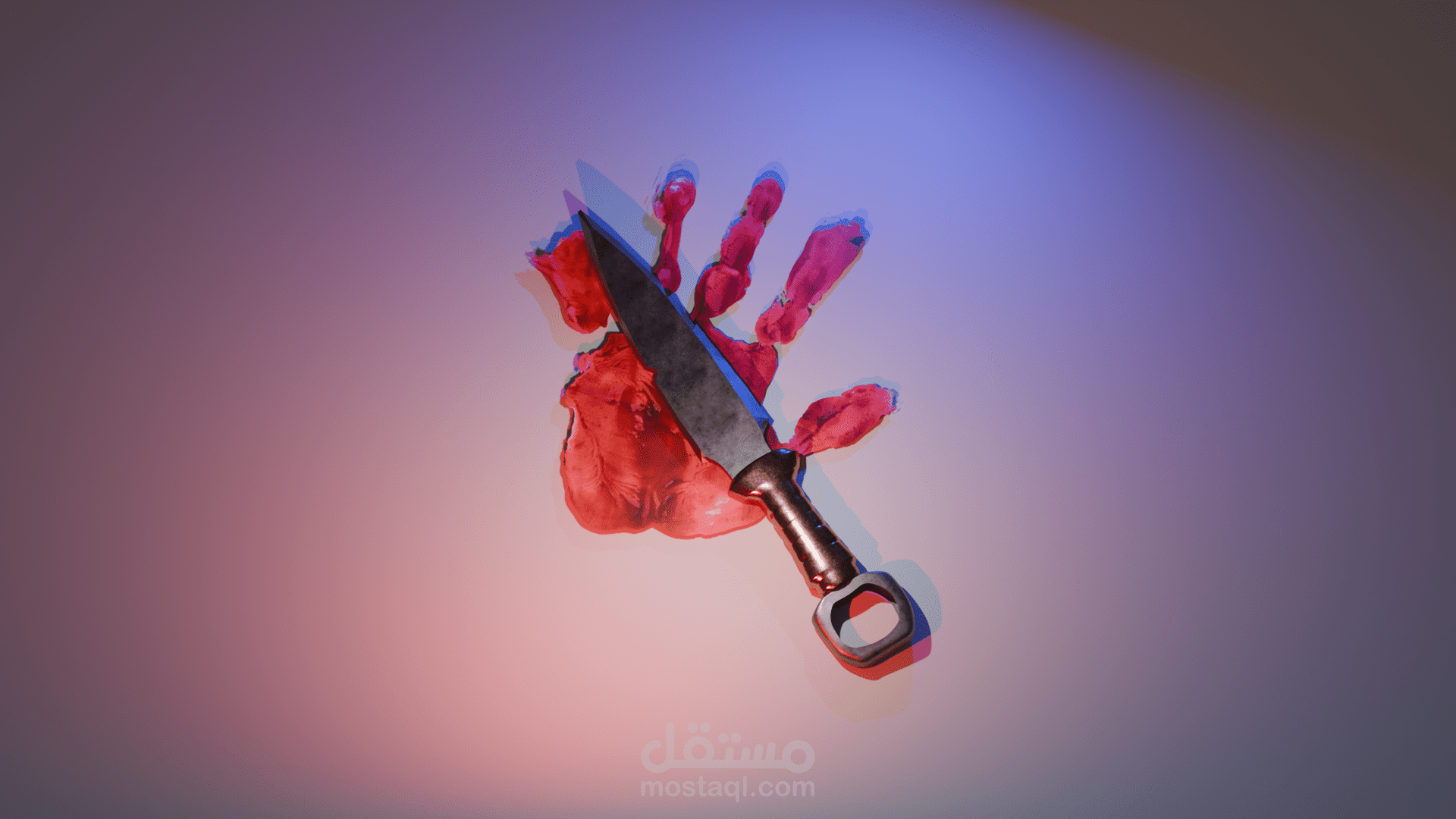 مشهد سينمائي واقعي: بصمة يد دموية وسكين — تصميم ثلاثي الأبعاد باستخدام Blender