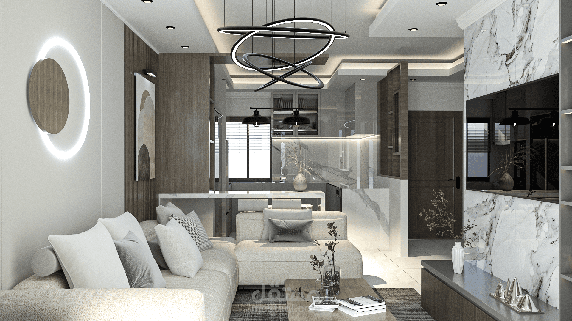 تصميم مطبخ + غرفة جلوس