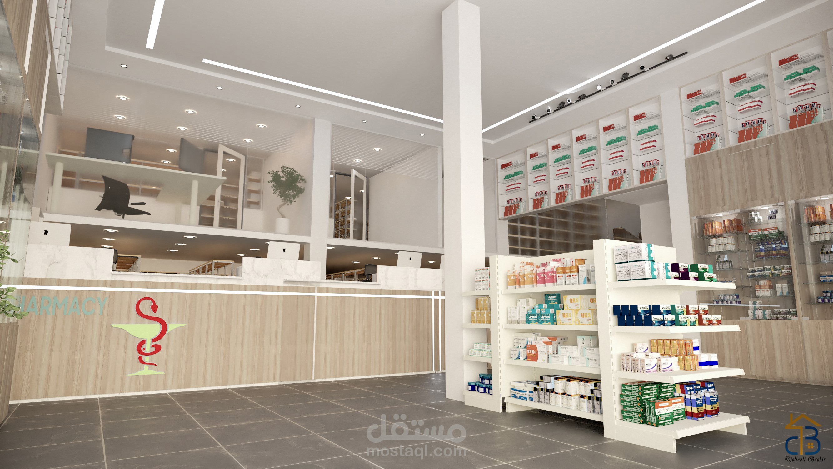 تصميم داخلي لصيدلية + واجهة خارجية