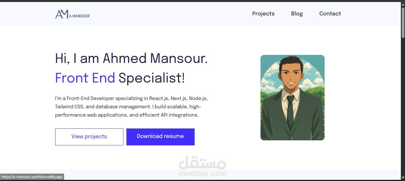 موقع بورتفوليو شخصي متجاوب يهدف إلى عرض مشاريعي ومهاراتي وخبراتي.