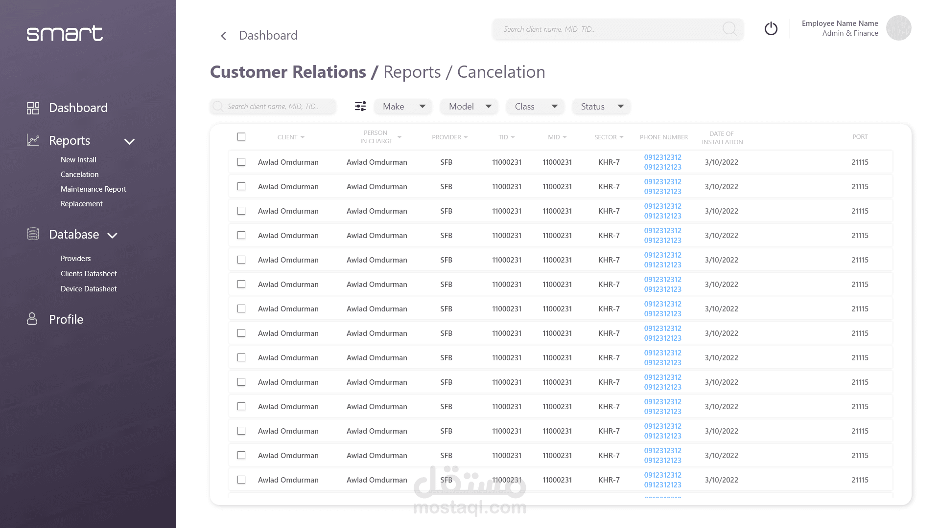 موقع إدارة علاقات العملاء CRM لشركة تعمل في المجال المصرفي