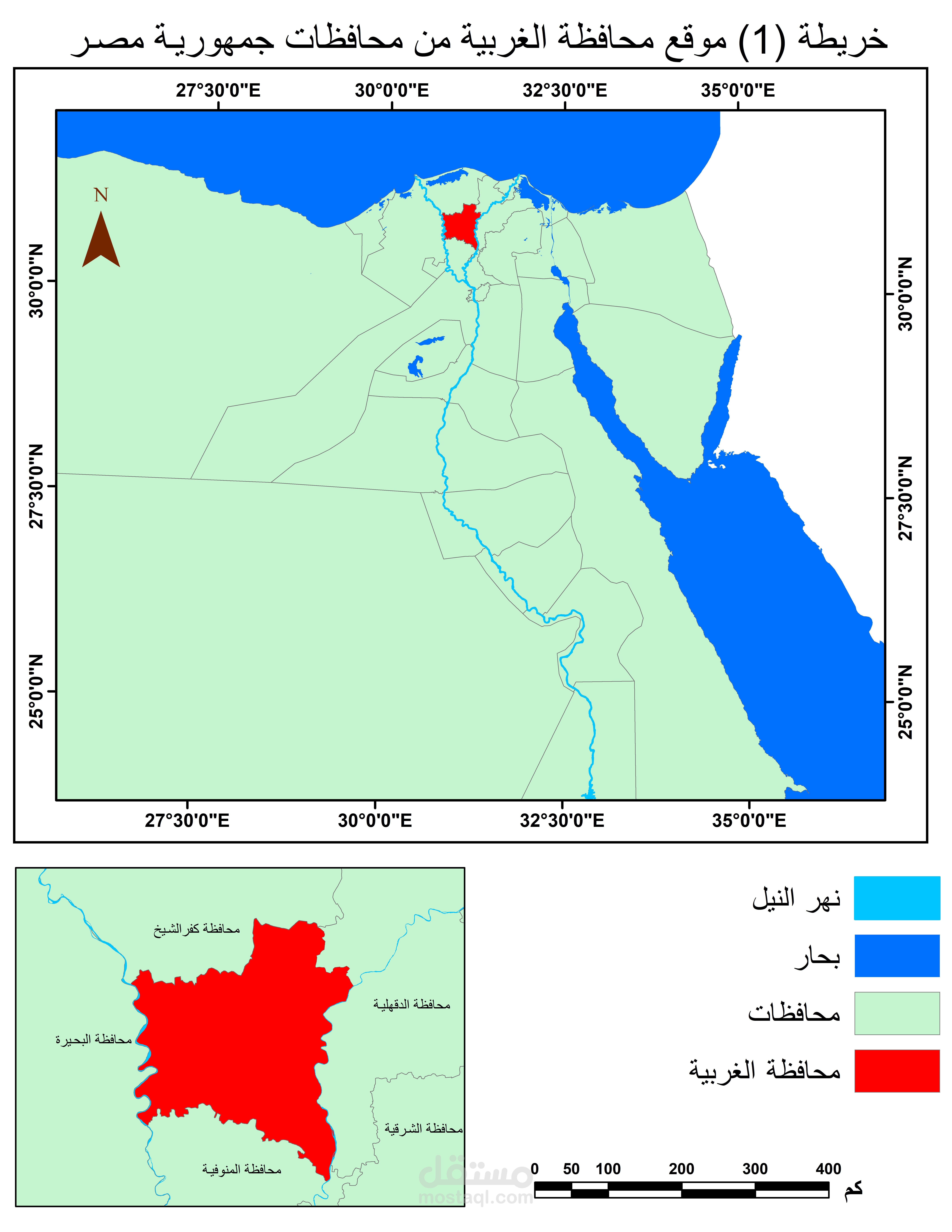 خريطة توضح موقع محافظة الغربية من محافظات مصر.